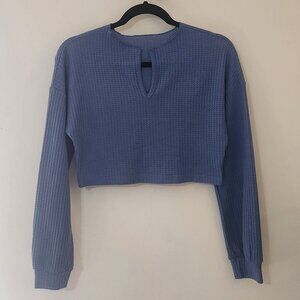 Shein Women’s Y2K Blue Long Sleeve Drop Shoulder Waffle Knit Crop Top